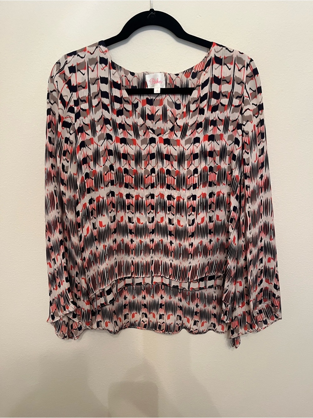 Parker 100% Silk Printed Neck Blouse in Coral, Black & Tan